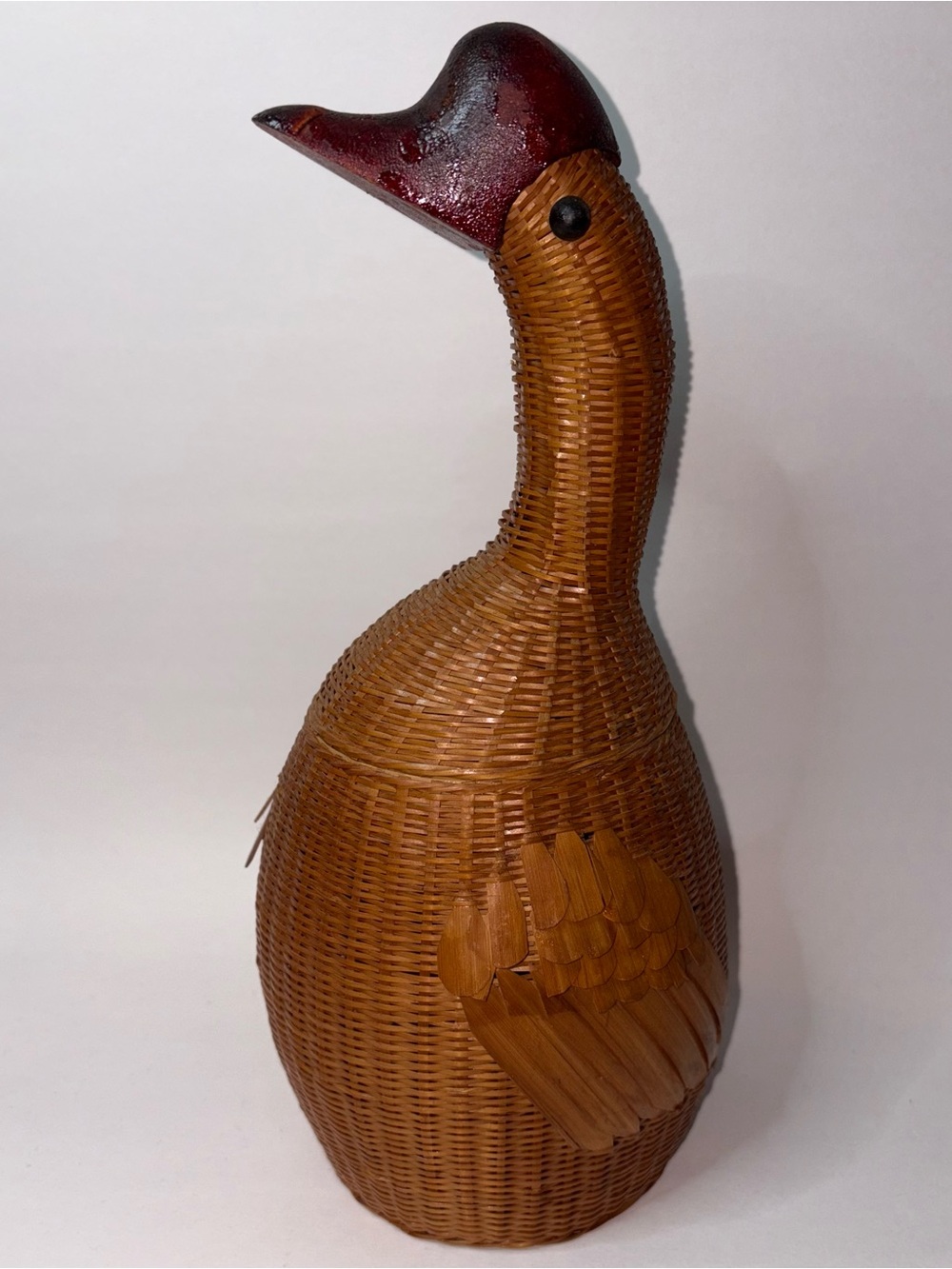 Vintage Woven Duck Basket Wicker Bamboo Lid Feather Detail 4”x11”